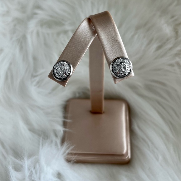 Metallic Silver Stainless Steel Druzy Stud Earrings - Picture 5 of 11